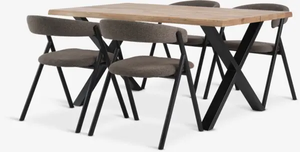 ROSLEV L160 bord natur eik + 4 HINDEVAD stol lys brun
