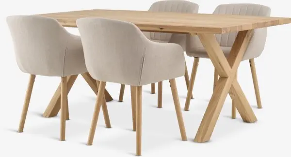 GRIBSKOV L180 bord natur eik + 4 ADSLEV stol beige