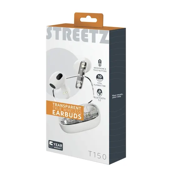 Streetz T150, delvis transparente TWS-hodetelefoner, hvite