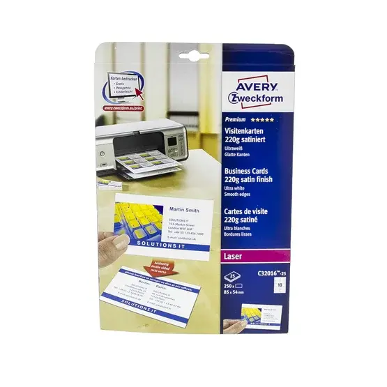 Visittkort hvite, 25 ark, 10 visittkort/ark, 85x54mm, 220g