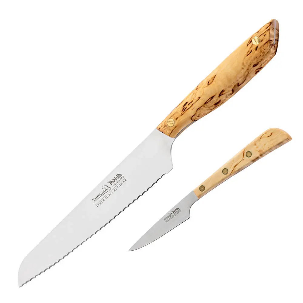 EKA Gourmet gavesett brødkniv 21 cm og skrellekniv 10 cm masurbjørk/rustfritt stål