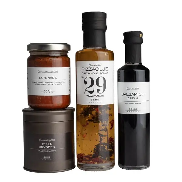 Temapose pizzaolje, krydder, tapenade og balsamico