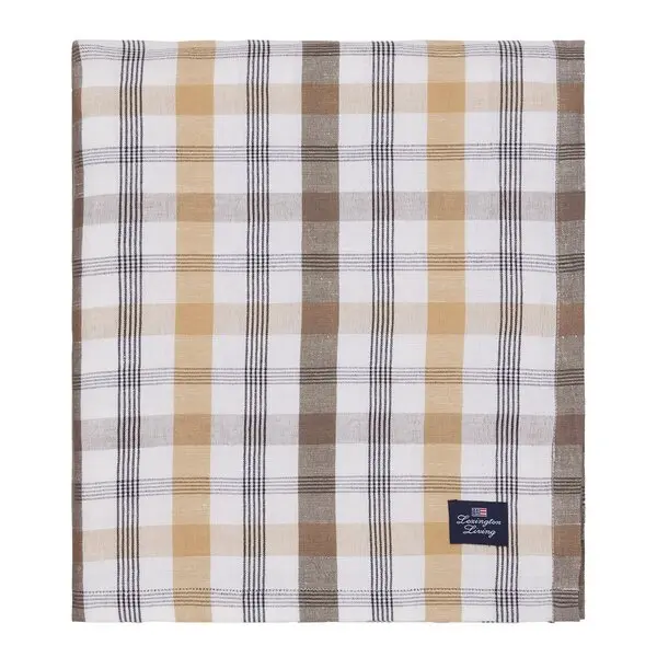 Rutete lin/bomulls duk 150x350 cm oliven/hvit/beige