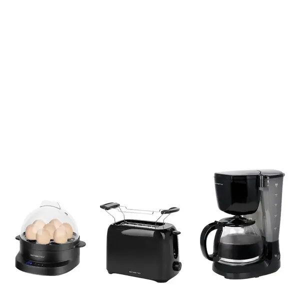 Sett med kaffebrygger, brødrister og eggekoker svart