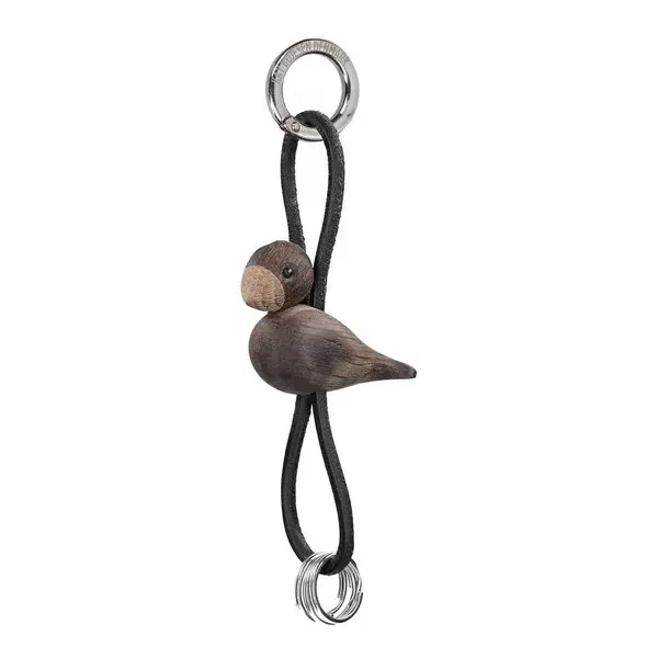 Fugl nøkkelring 6x4,5x3 cm sølv/svart/røkt eik