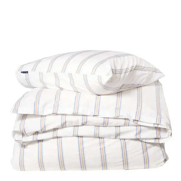 Sengesett 200x140 cm bomullspercale stripete hvit/blå/beige