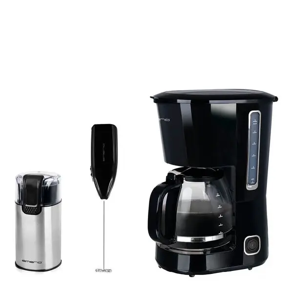 Sett med kaffetrakter 1,5L, melkeskummer og kaffekvern svart/rustfritt stål