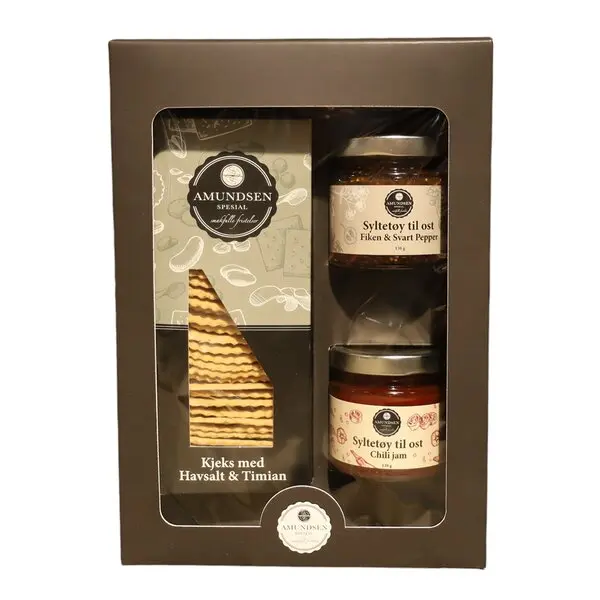 Gaveeske med kjeks, chili jam og fiken syltetøy