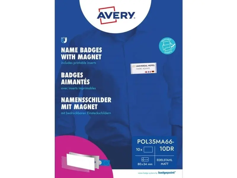 Navneskilt Badgepoint® 80x34 mm, Polar® Classic 35 Medarbejderskiltesæt, skilte med rustfri stålramme, akrylglas og printbare indstik - 10 skilte inkl. 32 indstik
