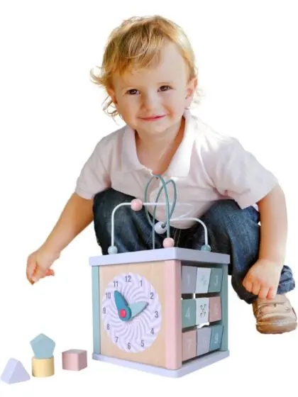 EduFun Aktivitetskube i tre med klokke, putteboks, labyrint og mer - 20 cm