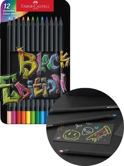 Faber-Castell fargeblyanter med sort skaft - 12 farger i metallskrin