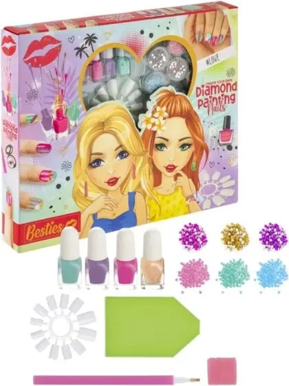 Besties Diamond painting negler med perlekunst - løsnegler, neglelakk og diamanter