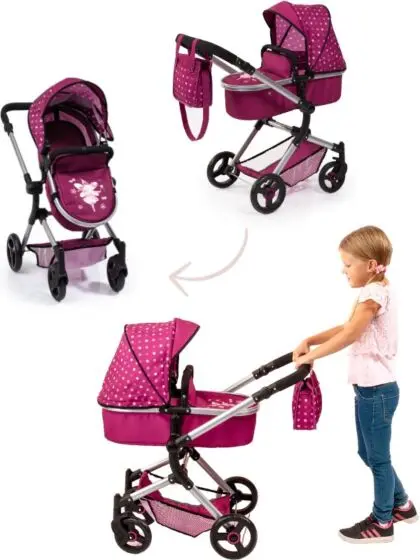 Bayer Design rosa kombi dukkevogn med stellebag og bevegelige forhjul - passer dukker 52 cm