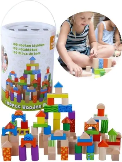 EduFun fargerike byggeklosser i tre - 100 deler