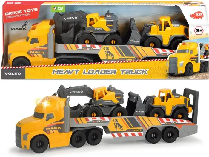 Dickie Toys tungvektslastebil med Volvo gravemaskin og hjullaster - med lys og lyd
