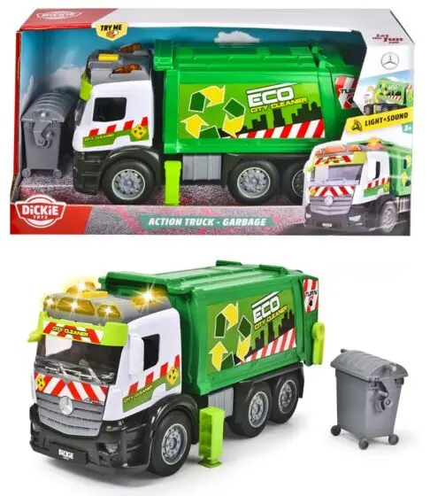 Dickie Toys Action series søppelbil med søppelcontainer - med lys og lyd