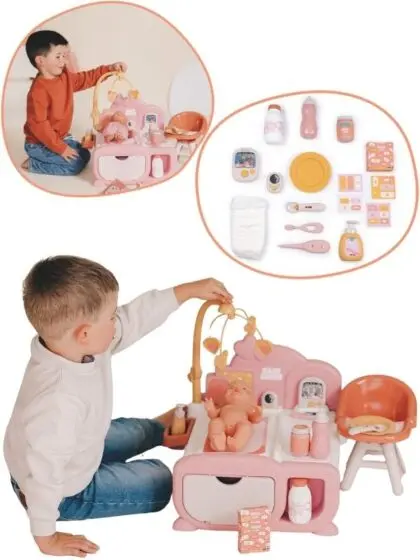 Smoby Baby Nurse Stelle- og Lekesenter – omsorgssett med lekekamera, babycall og 14 tilbehør