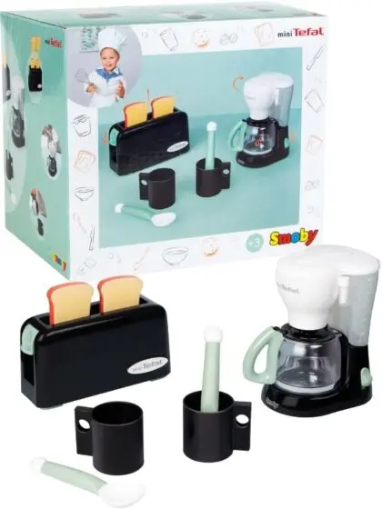 Smoby mini Tefal frokostsett med brødrister med 2 toasts, kaffetrakter, kopper og skjeer