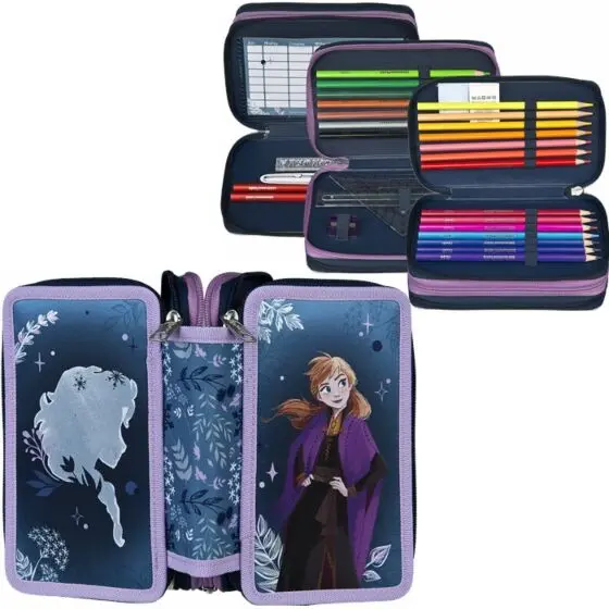 Disney Frozen Anna og Elsa - trippelt pennal med fargeblyanter og skrivesaker