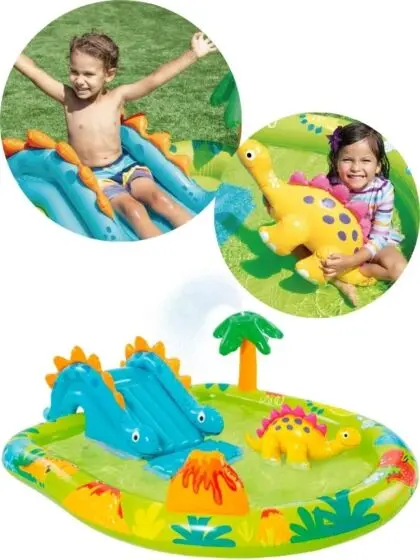 Intex Little Dino lekesenter - oppblåsbart basseng med sklie, palmedusj og dinosaur - 190 x 152 cm