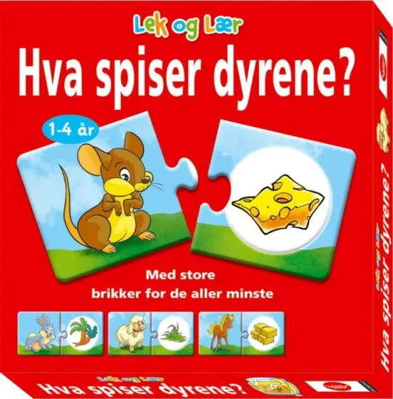 Hva spiser dyrene? Lek og lær barnespill - med store brikker for de aller minste
