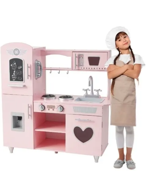 EduFun retro lekekjøkken i tre - rosa med grå detaljer