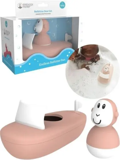 Matchstick Monkey Bathtime Boat Set - båt med apekatt badeleke - rosa