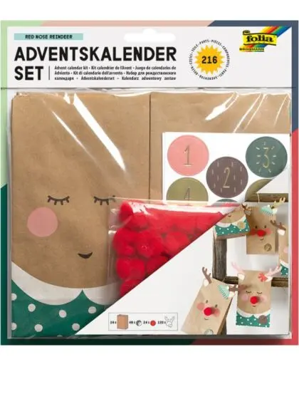 Folia Adventskalender-poser og tall - Reinsdyr med rød nese