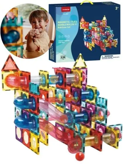 Magnetisk Kulebane Byggesett – 136 deler med magnetiske fliser og kuler