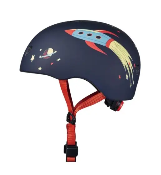 Micro Rocket Hjelm S - (48-52 cm) - justerbar sykkelhjelm med LED-lys - mørk med rakett