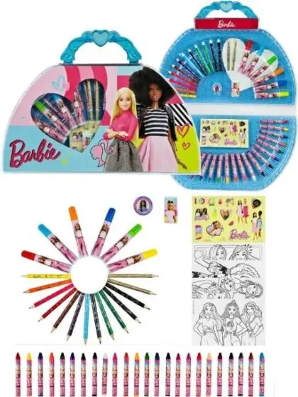 Barbie tegnekoffert med fargeblyanter, fargestifter, tusjer og klistremerker