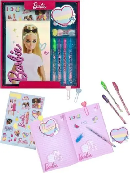 Barbie notatbok med gelpenner, papirklips, klistremerker og post-it lapper