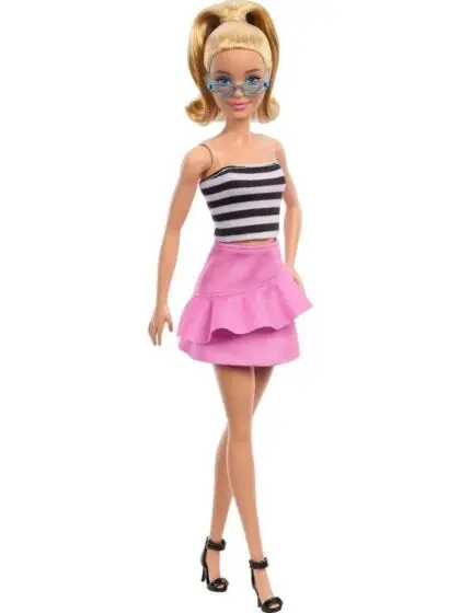 Barbie Fashionistas #213 - dukke med lyst hår, stripet topp og rosa skjørt