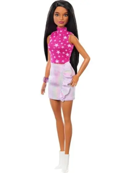 Barbie Fashionistas #215 - dukke med svart hår, stjerne topp og iriserende skjørt