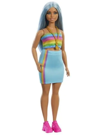 Barbie Fashionistas #218 - dukke med blått hår, regnbuetopp og blågrønn skjørt