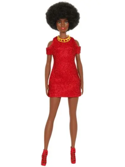 Barbie Fashionistas #221 - dukke med vakre krøller, rød kjole og tilbehør