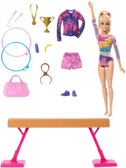 Barbie Gymnastikk lekesett - med blond dukke, klær og gymnastikktilbehør