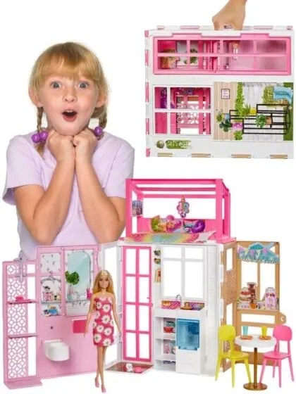 Barbie Fold and Go dukkehus med 2 etasjer og 4 rom - fullt møblert - dukke og tilbehør inkludert - 76 cm