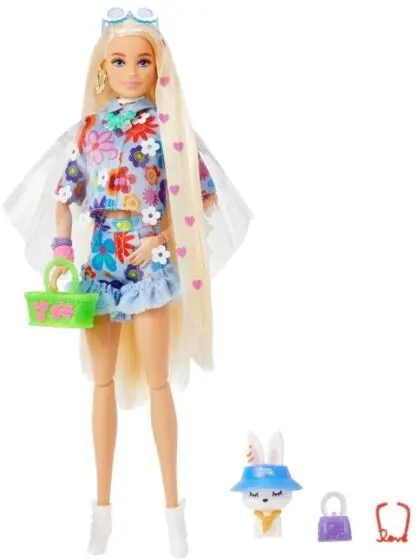 Barbie Extra dukke #12 blond med 15 tilbehør - med blomstret antrekk og kanin-figur