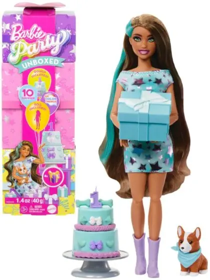 Barbie Party Pet Birthday dukke med 10 overraskelser - blå