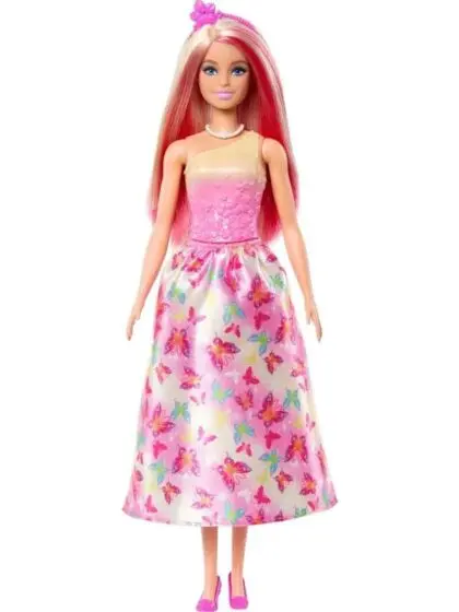 Barbie prinsessedukke med rosa og blondt hår og matchende kjole med sommerfugler