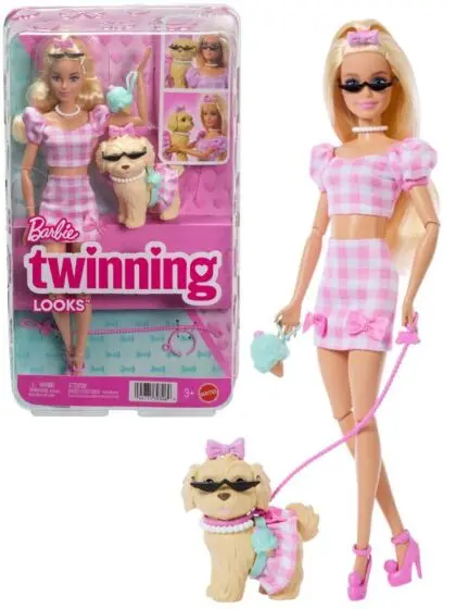 Barbie Twinning Looks Dukke med hundefigur - rosa sløyfer