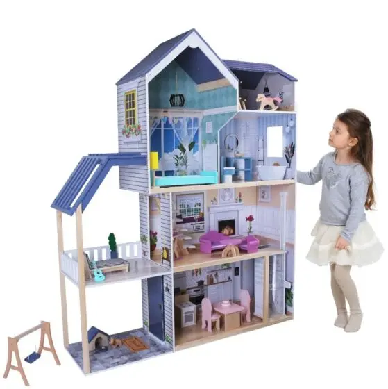 EduFun Deluxe Dukkehus i tre - stort dukkehus med 3 etasjer, hems og tilbehør