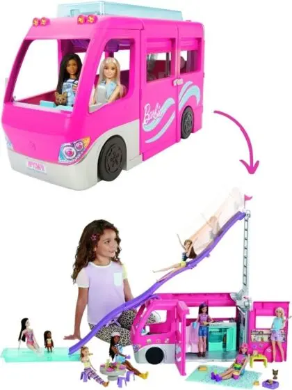 Barbie Dream Camper lekesett - rosa lekebil med sklie og basseng - 7 lekeområder - 60 deler - 120 cm