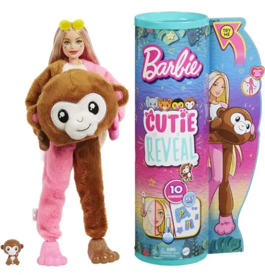 Barbie Cutie Reveal Monkey - Jungle Series dukke med brunt og rosa apekostyme