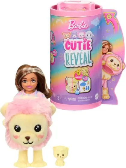 Barbie Cutie Reveal Løve Chelsea dukke med gult løvekostyme og kjæledyr - 6 overraskelser