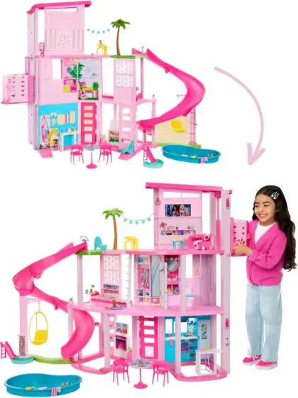 Barbie Dreamhouse dukkehus med 3 etasjer, sklie, møbler og tilbehør