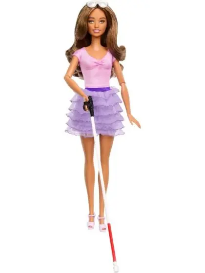 Barbie Fashionistas #228 dukke med blindestokk - med lilla skjørt og rosa topp