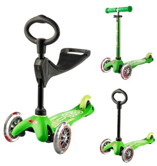 Micro Mini 3in1 Deluxe sparkesykkel for barn - tre hjul, avtagbart sete og barnehåndtak - grønn