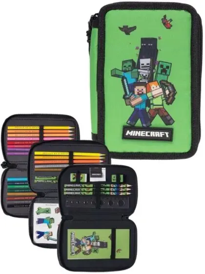 Minecraft trippelt pennal med fargeblyanter og skrivesaker